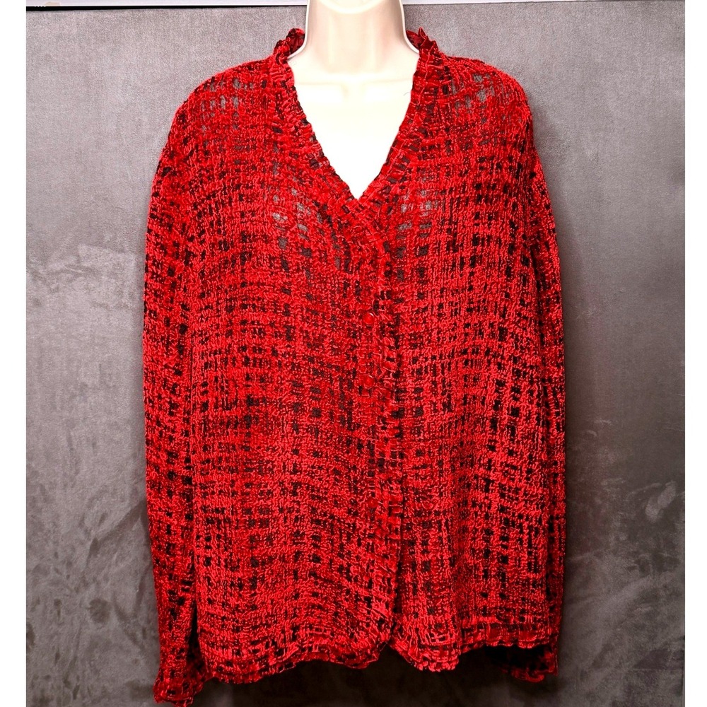Vtg Coldwater Creek Cardigan Womens 1X‎ Red Textured Sheer Button Front Artsy